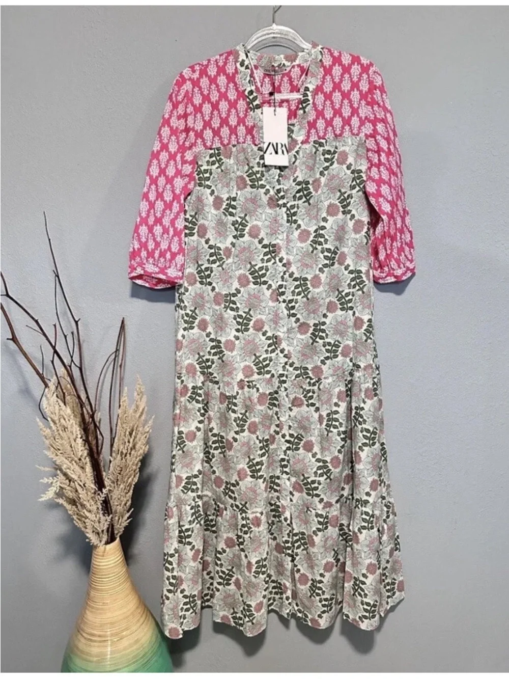 Zara Block Printed Floral Pink Ecru Midi Dress M